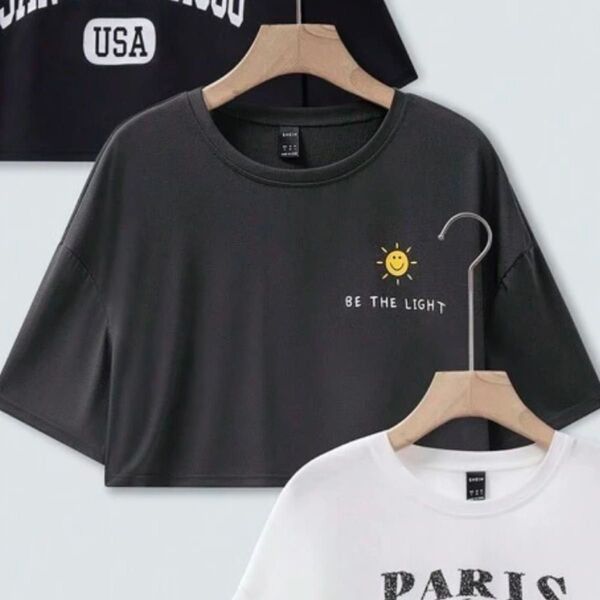 新品SHEINシーインイージーショート丈Tシャツ オーバーサイズTシャツ グレー トップス カットソー クーポン消化