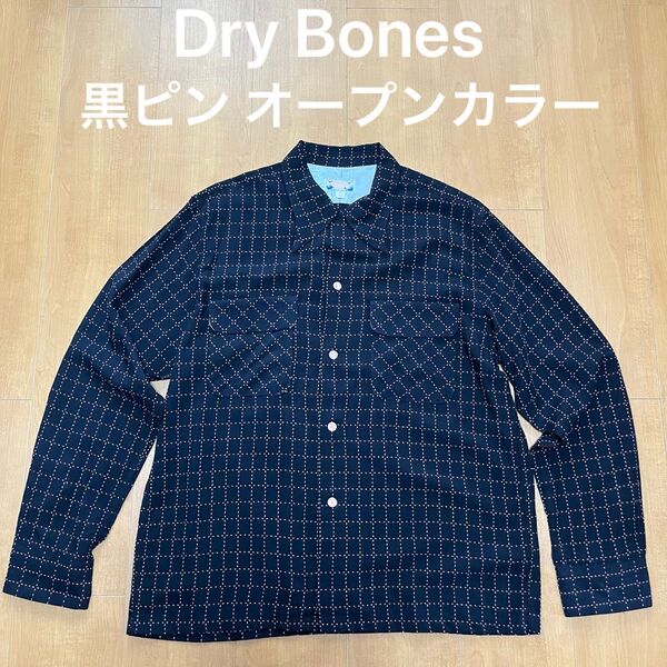 L DRY BONES 黒ピン チェック オープンカラー レーヨン シャツ ドライボーンズ クロピンク vintage