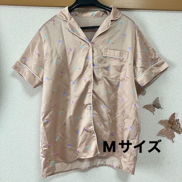 GU ジーユー サテン パジャマ アイスクリーム柄 ルームウェア M 上着のみ サーモンピンク ピンク Mサイズ シャツ 半袖 夏