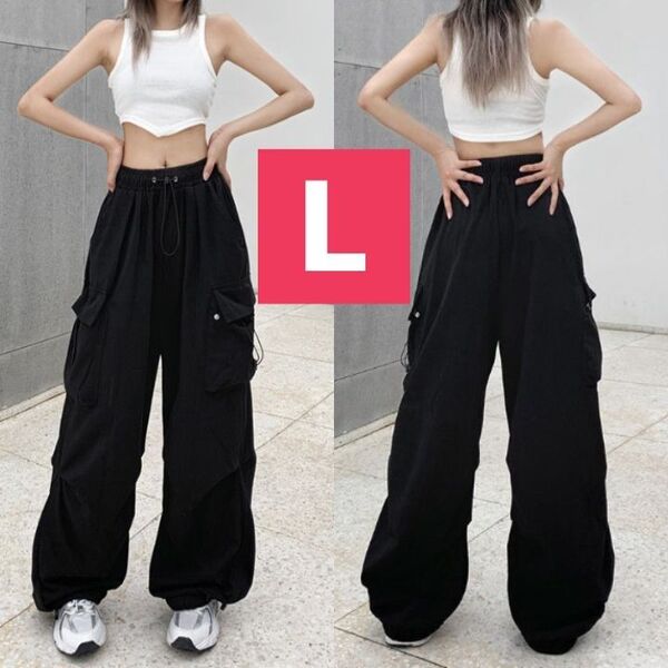 レディース ストリート カーゴパンツ L ゆったり 大きめ カモパンツ 黒
