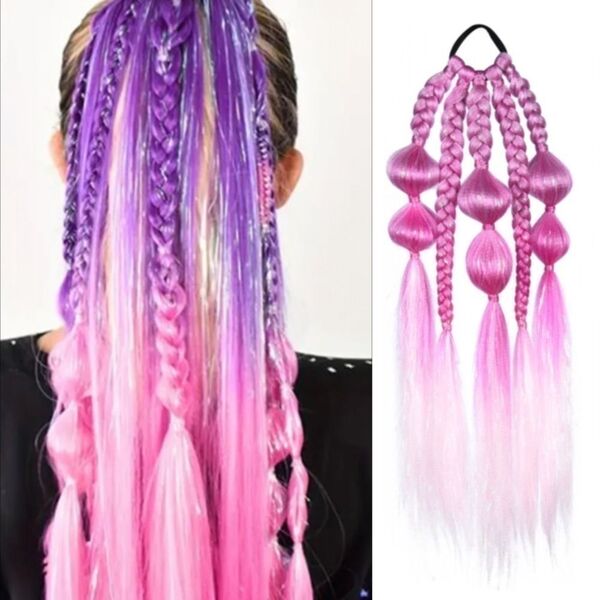 新品 三つ編み 編み込み ヘアゴム グリッター エクステ 付け毛 ダンス ピンク