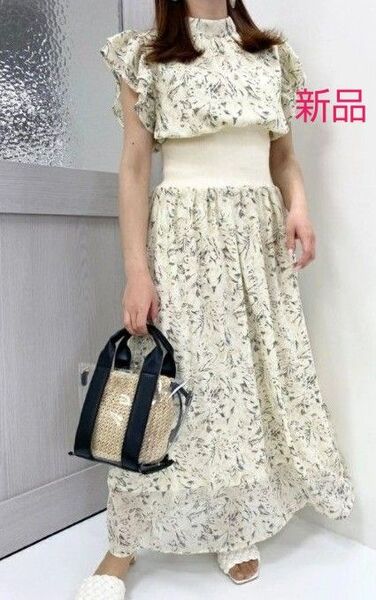新品 INGNI ウエストリブ 花柄シフォン フリルワンピース オフホワイト サイズM