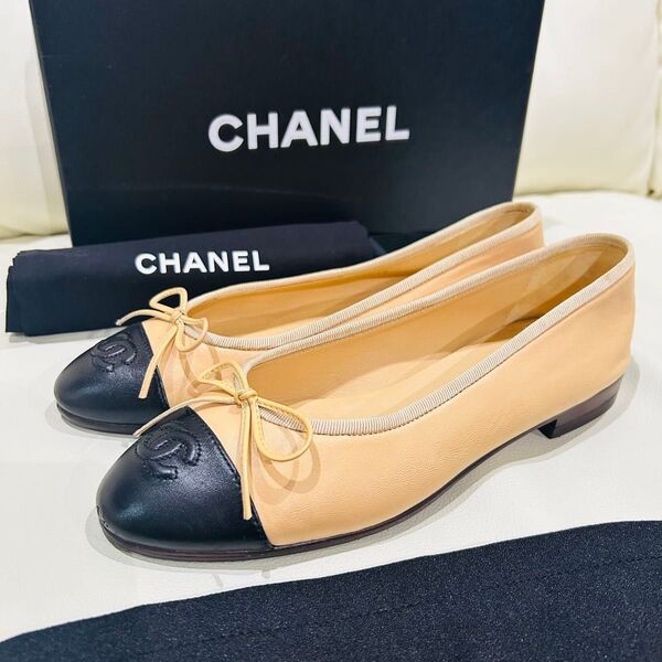 CHANEL 美品 ベージュ バレエシューズ 37.5 23.5cm バレリーナ 本革