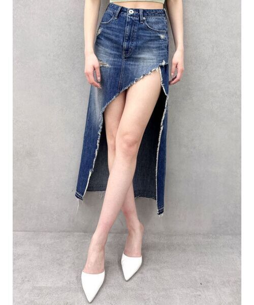 GYDA ハイウエストレイヤードリメイクロングデニムスカートライクショートパンツ