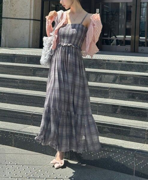 GRL 2Wayチェック柄シャーリングキャミワンピース グレー サイズS