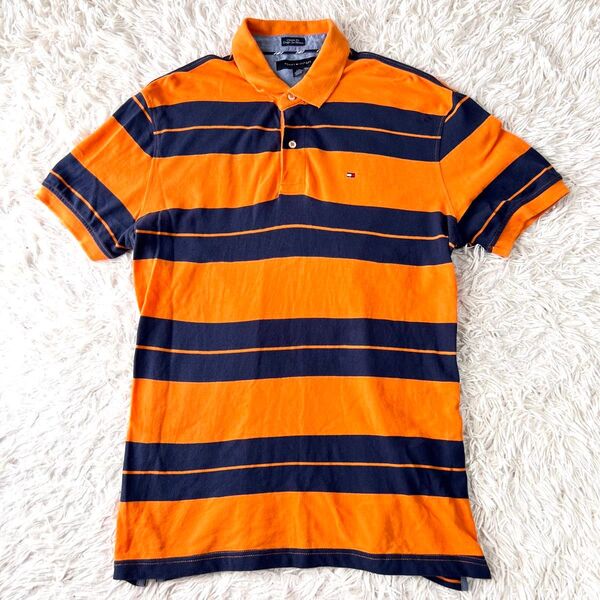 TOMMY HILFIGER 半袖ポロシャツ ボーダー オレンジ サイズL
