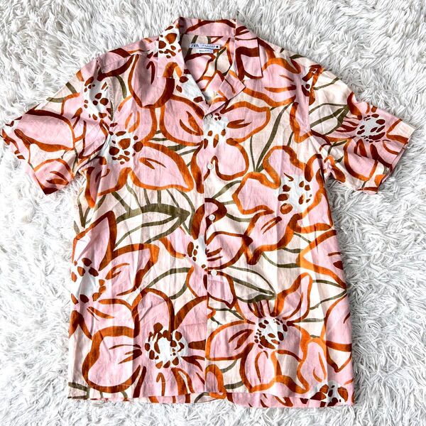 ZARA 総柄 アロハシャツ 花柄 半袖 オレンジ サイズM