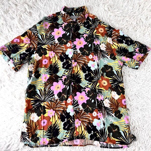 ZARA MAN 半袖シャツ アロハシャツ 花柄 総柄 ブラック サイズS
