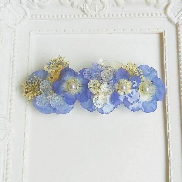 お花のバレッタ ネモフィラ アジサイ レースフラワー 本物 ハンドメイド 髪飾り