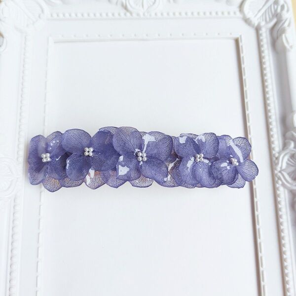 紫陽花のバレッタ 本物 ハンドメイド 髪飾り ヘアバレッタ アジサイ あじさい