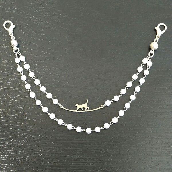 羽織紐 マグネット 猫の綱渡り 2連 パール 和装小物 ハンドメイド ネコ ねこ