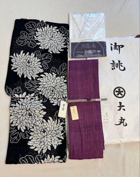未使用美品 浴衣4点セット 夢工房浴衣(絽)、帯(麻)、撫松庵(絽)半襦袢、帯締め(夢がたり)