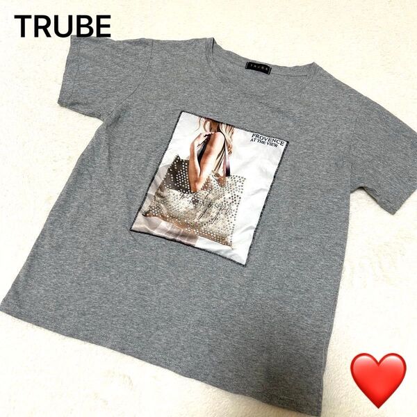 TRUBE 半袖Tシャツラインストーン ビジュー付きキラキラTシャツ レディース グレー トップス カットソー