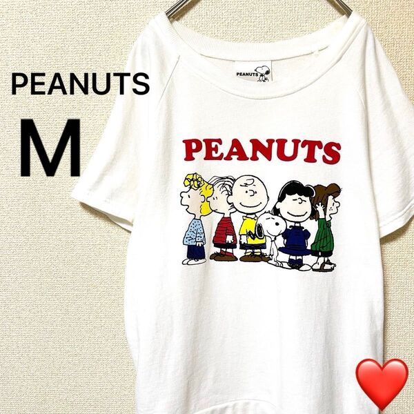 【スヌーピー】ピーナッツ ロゴプリント入り半袖スウェット レディーストップス M 半袖Tシャツカットソー 白系 古着