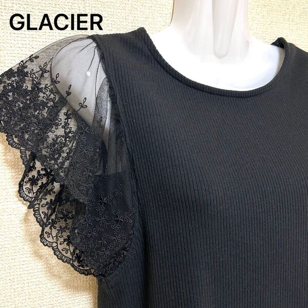 【美品】グラシア レース半袖トップス カットソーTシャツ レディース ブラック(黒) レース袖 GLACIER 上品