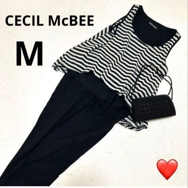 セシルマクビー ボーダー ノースリーブ トップス カットソー レディース 黒×白 M タンクトップ CECIL McBEE