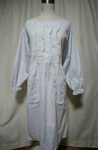 ワケあり 日本製 新品 洋装 フリル袖 スカラップレース 割烹着 白 着丈105㎝ ロング丈 かっぽう着