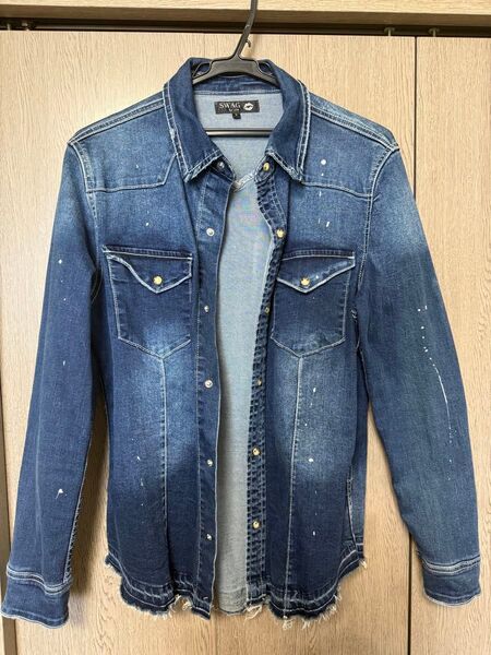 ダメージペンキ加工 インディゴブルーデニム長袖シャツ