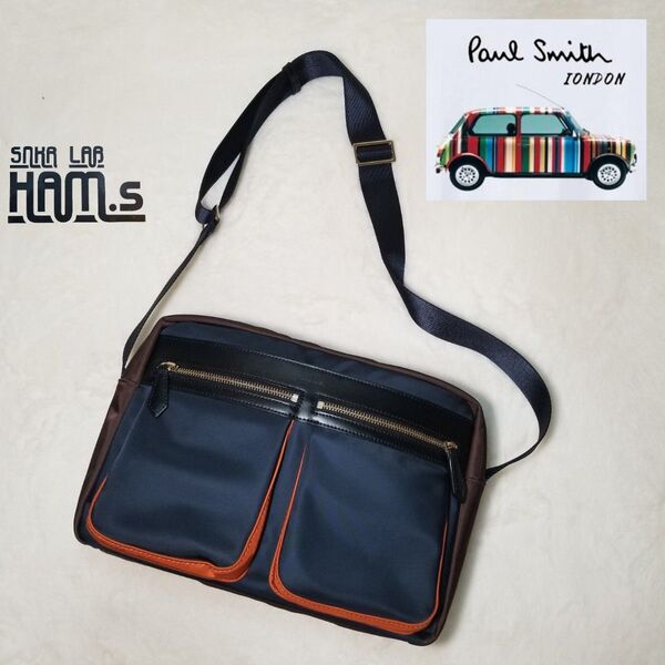 美品 金ロゴ Paul Smith ポールスミス カラー フラッシュ ナイロン ショルダーバッグ 本革 メッセンジャー
