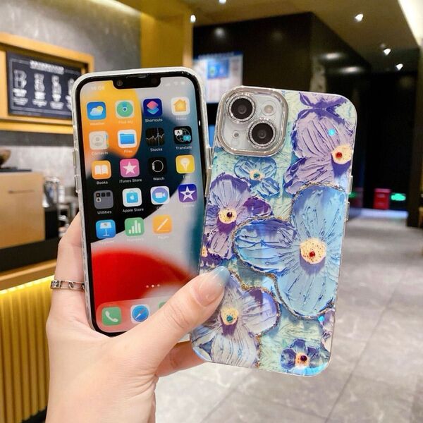 売り尽くしセール! iPhone15Pro スマホケース 花柄 ブルー 油絵 アイフォン 韓国