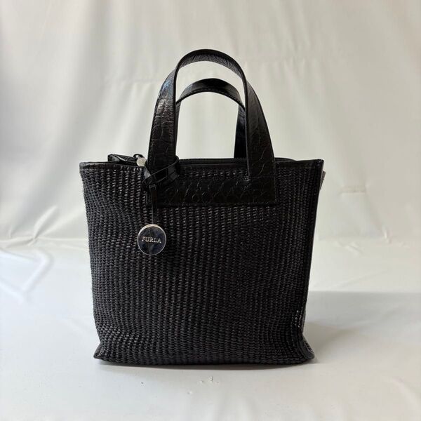美品 FURLA フルラ ハンドバッグ かごバッグ クロコ型押し ブラック