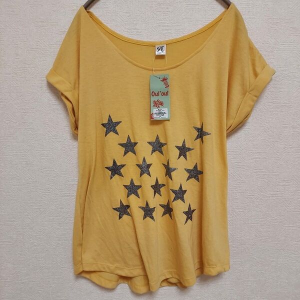 新品 タグ付き 半袖 Tシャツ レディース トップス カジュアル イエロー 星柄 ラメ