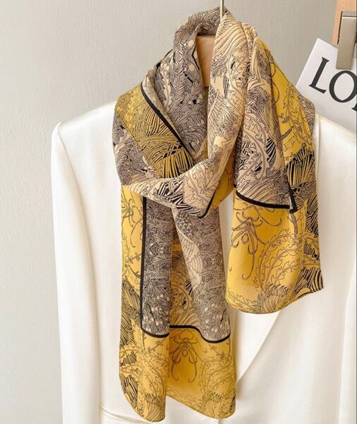 イエロー 鳥柄 草木柄 大判 ストール ショール シルク100%スカーフ 絹製 大判140cm x 35cm薄手 冷房日差し対策