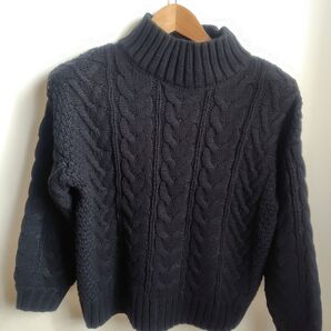 タートルネックニット 黒 ケーブル編み