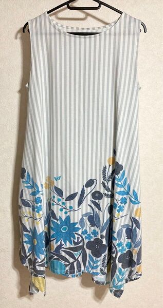 グラニフ graniph ストライプ×ボタニカル柄 ノースリーブワンピース