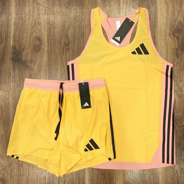 ■新品 adidas ADIZERO Pro Elite Promo セットアップ 黄XS シングレット ショーツ ランニング■
