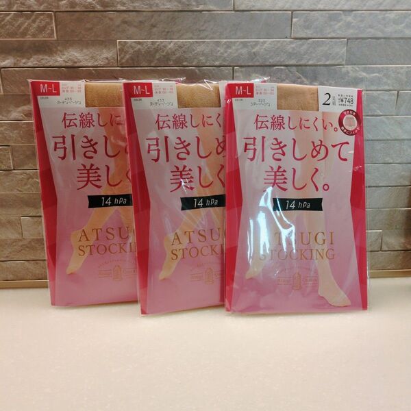 アツギ 引きしめて美しく ストッキング 2足組 ベージュ M〜L 3個セット
