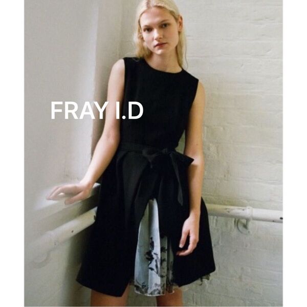 FRAY I.D フレイアイディー アシンメトリーチュールプリーツワンピース ノースリーブ リボン ブラック