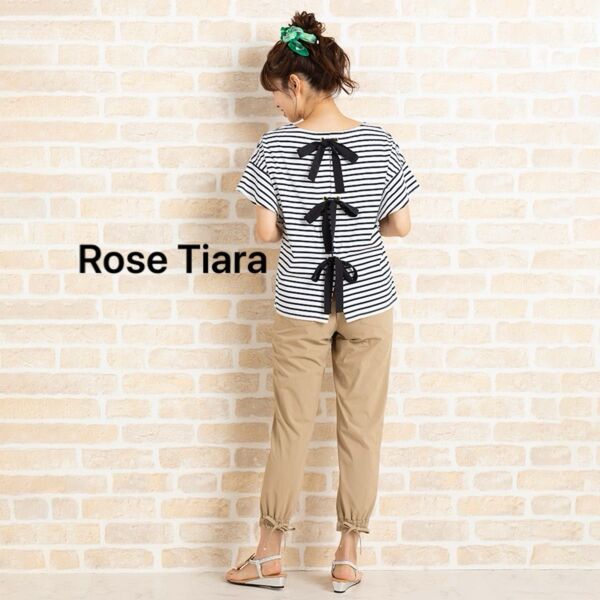 【美品】Rose Tiara ローズティアラ バックリボンカットソー ボーダー 半袖