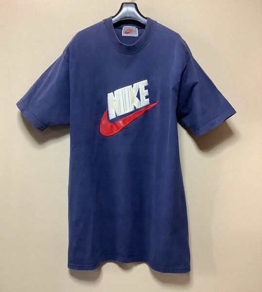 【レア】90s USA製NIKE レザーロゴTシャツ XL 刺繍銀タグ