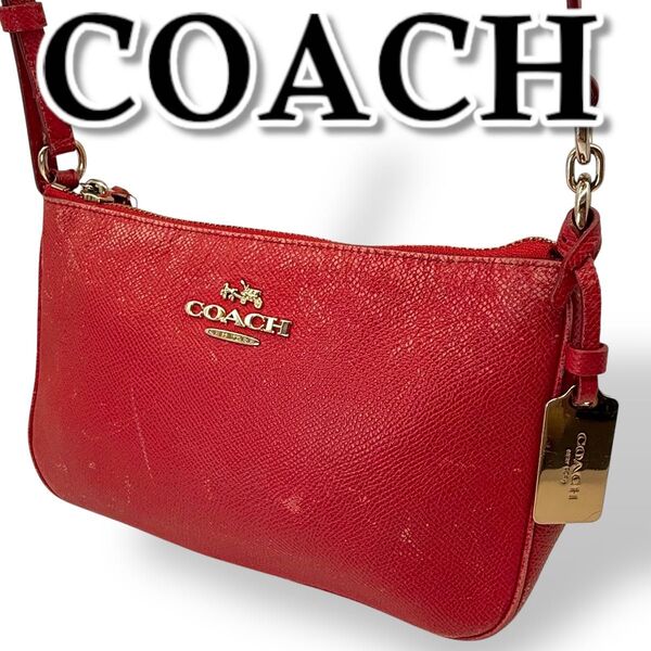 COACH コーチ ショルダーバッグ PVC クロスボディ 金具ロゴ 斜め掛け レザー チャーム付き レッド 34444