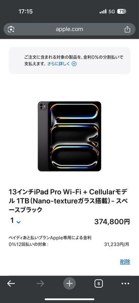 13インチiPad Pro Wi-Fi + Cellularモデル 1TB Nano-texture AppleCare