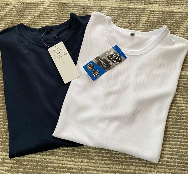 メンズ 半袖 インナー Tシャツ 吸湿速乾 2枚セット 白 紺 ホワイト ネイビー サイズLL 新品 未使用品