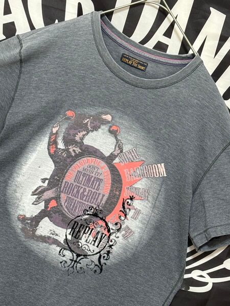 ★リプレイREPLAY Tシャツ ロックプリント グレー 古着