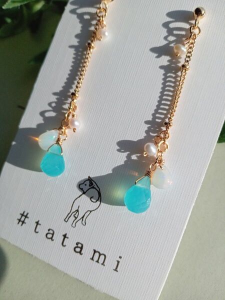 No.347 プレシャスオパールとシーブルーカルセドニーのピアス パール 14Kgf&ステンレス製 ハンドメイド #tatami