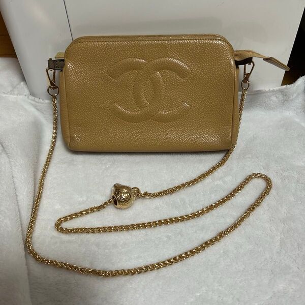 CHANEL シャネル キャビアスキン ココマーク 化粧ポーチ ショルダーバッグ スマホショルダー コスメポーチ ベージュ