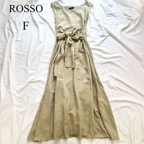 美品 ロッソ☆リボンマキシワンピース ベージュ ノースリーブ リネン混 ロング 麻 レーヨン
