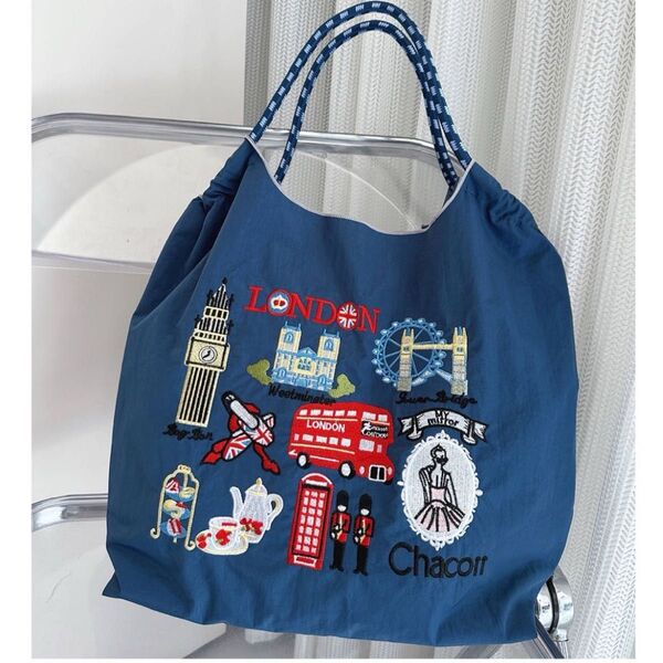刺繍エコバッグ Mサイズ 刺繍 トートバック エコバッグ ネイビー ロンドン バス