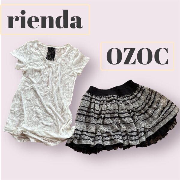 rienda / リエンダ 総レースプリント 半袖 トップス & OZOC / オゾック レースプリント ミニスカート 2点セット