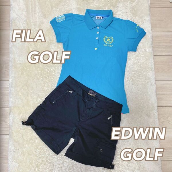美品★FILA GOLF/フィラ ポロシャツ × EDWIN GOLF/エドウィン ショートパンツ 2セット ブルー ブラック