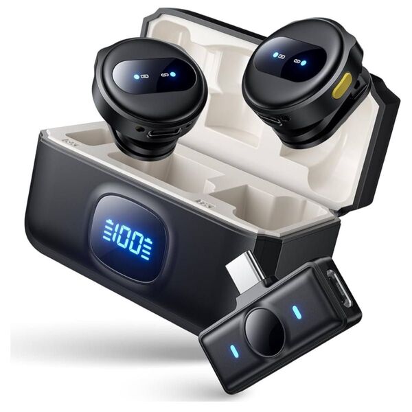 ピンマイク ワイヤレス 2人同時使用 瞬時接続 360°集音 Vedcpel ワイヤレスマイク 収音録音 24h使用 充電ケース付