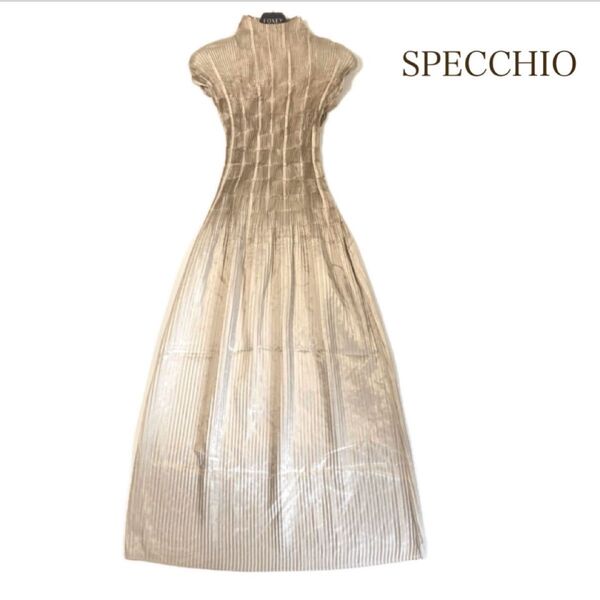 【美品】SPECCHIO プリーツ加工 ロングワンピース ノースリーブ 40