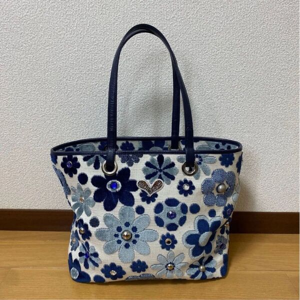 シンクビー トートバッグ A4収納可 肩掛け ブルー おしゃれ 通勤 通学 ハート 花柄 パール