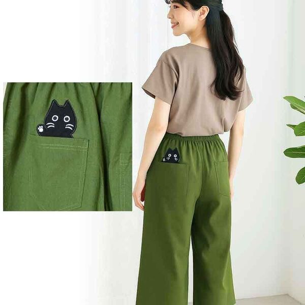 新品☆M~L 後ろポケット 猫ワッペンパンツ レディース ボトムス ウエストゴム ポケット付/カーキ/31310