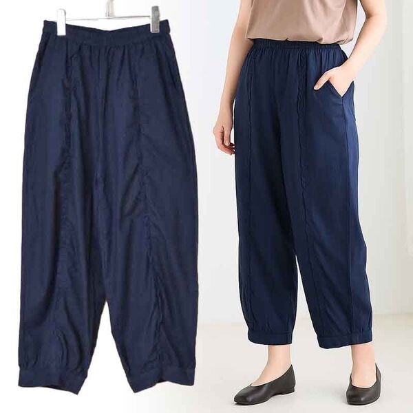 新品☆M~L タック フリル ワイドパンツ レディース コットン ボトムス ウエストゴム ポケット付/ネイビー 紺/191180