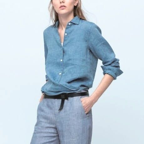 23区☆LIBECO リベコ リネン シャツ ブラウス /麻 長袖 ブルー・38